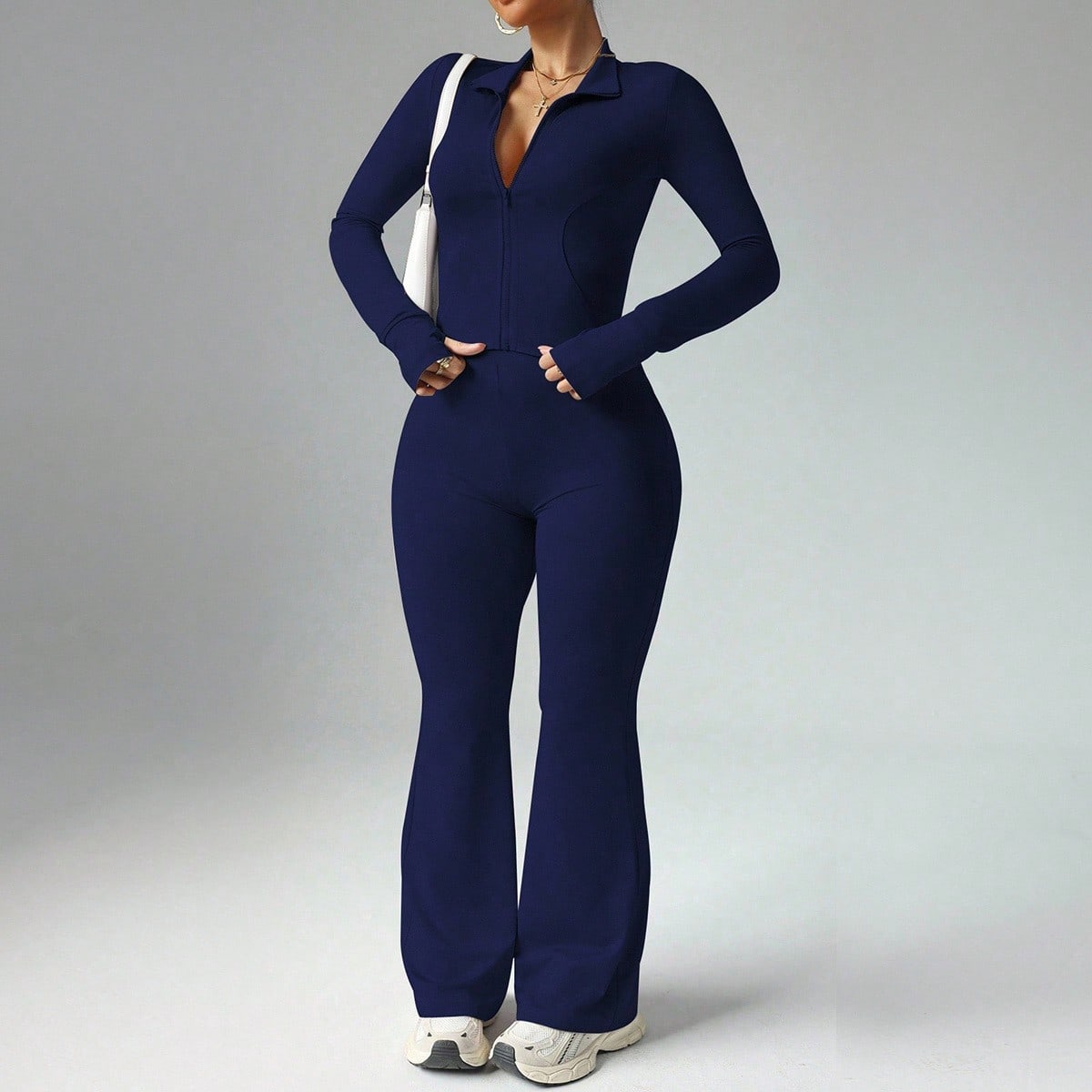 Conjunto de 2 piezas de chaqueta casual con cremallera y agujero para el pulgar, y pantalones acampanados de cintura alta para mujer talla grande