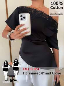 SHEIN Tall CURVE Blusa elegante de algodón 100% negro para mujer de talla grande - Camiseta ajustada de manga corta con cuello asimétrico y adorno de encaje, adecuada para primavera/verano, trabajo, fiesta, noche, cita, cóctel, ocasiones formales y té de la tarde - Negro - Ver 3