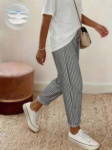 SHEIN Holidaya Quần ống rộng in sọc, cạp chun co giãn, kiểu dáng thường ngày. - màu đen - Xem 3