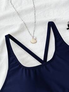 Teen Girls Navy Blue Casual Fashion U-Neck Hollow-Out One-Piece Swimsuit, Minimalist Stylish Design, Suitable For Swimming And Beach Wear - Navy Blue - View 5