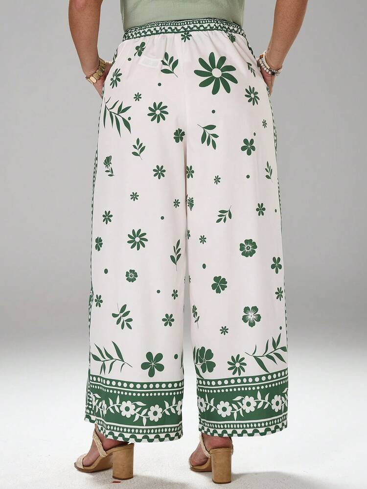 Plus Size Women Floral Print Drawstring Waist Loose Wide Leg Pants, Suitable For Beach & Holiday Boho Pants Green And White Pants Festival Trousers Mexican Pants
