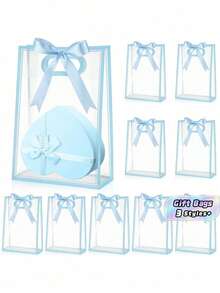 10 bolsas de regalo de plástico transparente reutilizables de material PP con cintas para bodas, fiestas de cumpleaños, baby shower, empaque de pequeños negocios, artículo indispensable - Celeste - Ver 1