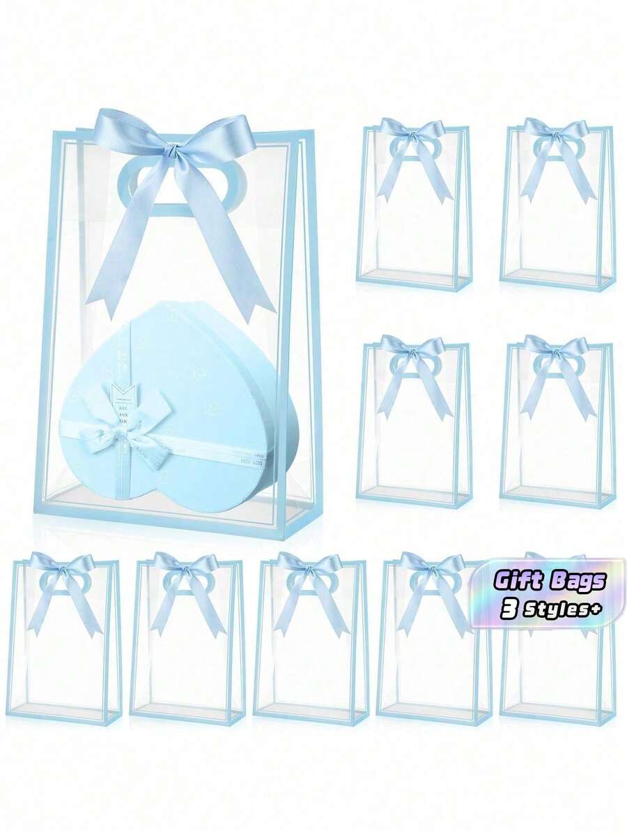 10 bolsas de regalo de plástico transparente reutilizables de material PP con cintas para bodas, fiestas de cumpleaños, baby shower, empaque de pequeños negocios, artículo indispensable - Celeste - Ver 1