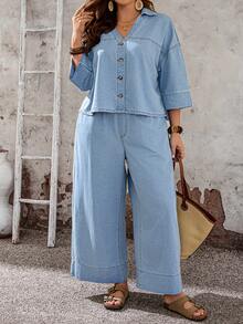 EMERY ROSE EMERY ROSE Ensemble 2 pièces Top décontracté de vacances et pantalon en jean grande taille - Bleu azur - Voir 6
