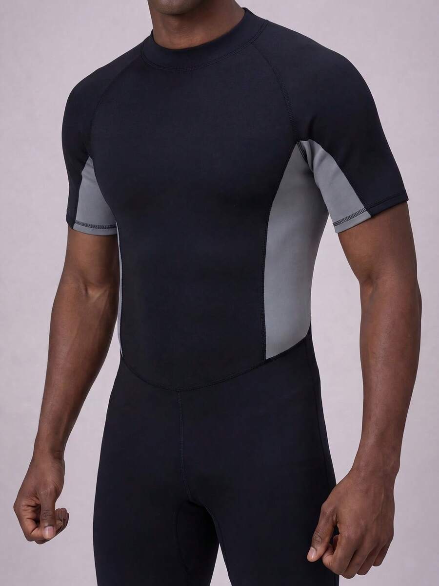 ZELFYO Men's Contrast Color Short Sleeve Jumpsuit Swimwear For Beach Vacation - Black - View 1