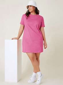 SHEIN BASICS Đầm thun tay ngắn màu trơn cỡ lớn - Màu Hồng Tươi - Xem 4