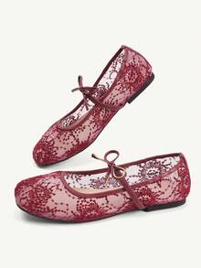 CUCCOO CHICEST Giày Mary Jane lưới nhẹ nhàng, mũi vuông, gót bằng, thiết kế nơ ren, mùa xuân và hè. Thích hợp cho việc đi lại hàng ngày. - Đỏ - Xem 4