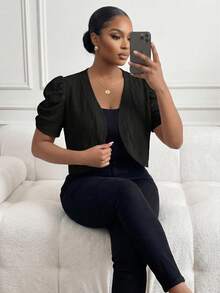 SHEIN Lady CURVE Áo khoác ngắn dáng rộng màu trơn có tay xếp ly và tay bồng, trang phục công sở thường ngày cho nữ - màu đen - Xem 4