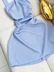 Franclia Women's Solid Color Halter Neck Elegant Design Dress - Blue - View 4