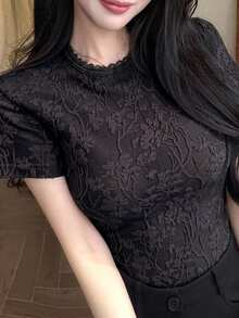 Blusa de encaje con estampado floral blanco, top corto, adecuado para boda, fiesta, festival de música, camiseta de manga corta ajustada para mujer, primavera/verano - Negro - Ver 3