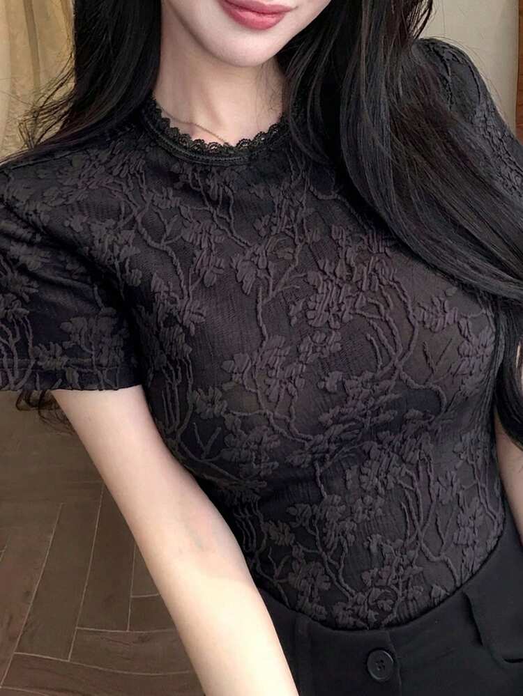 Black Floral Print Lace Top, Cropped Top, Suitable For Wedding, Party, Music Festival, Fitted Short Sleeve T-Shirt For Women, Spring/Summer Y2k
