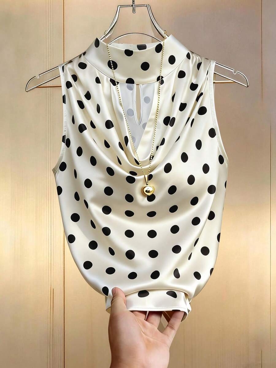 SHEIN Franclia Women's Summer Polka Dot Print Draped Neck Fashionable Top - Black and White - View 1