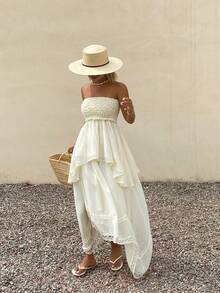 DAZY Pleated Tube Top Asymmetrical Hem Long Contrast Lace Umbrella Skirt Casual Boho Vacation Sexy Summer 2-Piece Set For Women Beach Off-White - Apricot - View 3
