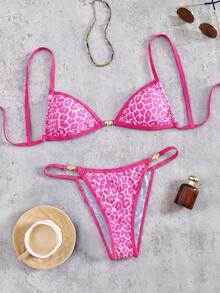 Swim SXY Bộ bikini hai mảnh gợi cảm dành cho nữ, kiểu tam giác nhỏ, xếp ly bên hông, dây đeo kim loại, thích hợp cho kỳ nghỉ biển. - Hồng - Xem 3