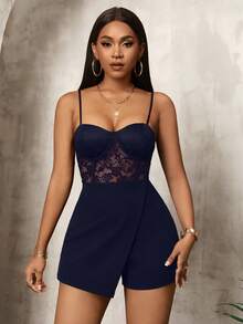 BamGleam Elegant Solid Color Lace Patchwork Romper, Summer Night Out Navy Blue - Navy Blue - View 5