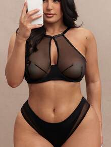 SHEIN BAE 2pcs Women Plus Size Solid Color Mesh Underwire Bra Set - Black - View 8