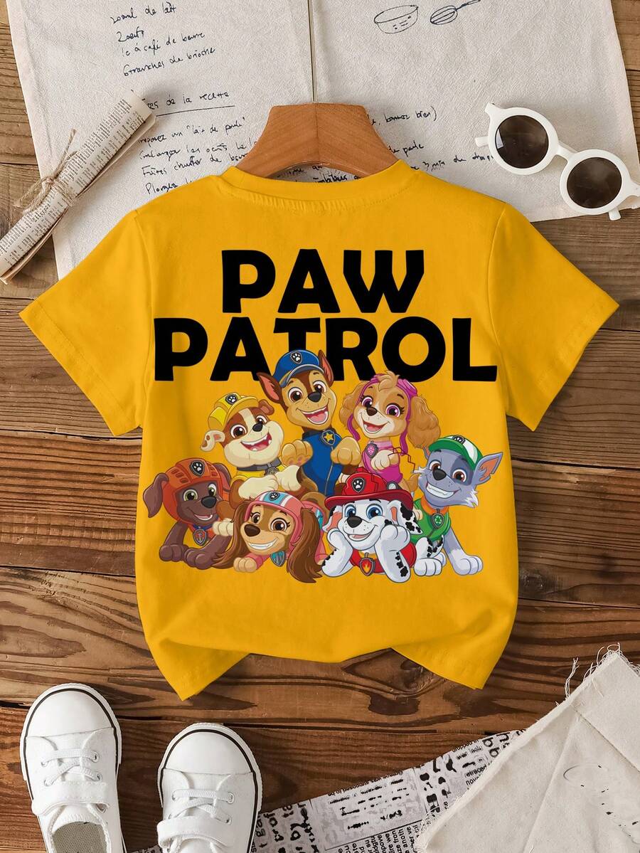 SHEIN | PAW Patrol 男童休闲时尚街头日常通勤趣味卡通字母印花短袖T恤，夏季 - 白色 - 查看 1