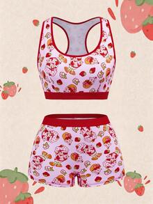 Strawberry Shortcake X SHEIN Strawberry Girl Cartoon Print Sports Bra And Shorts 2 Pieces Set, Casual Homewear & Yoga Outfit - Pink - View 1