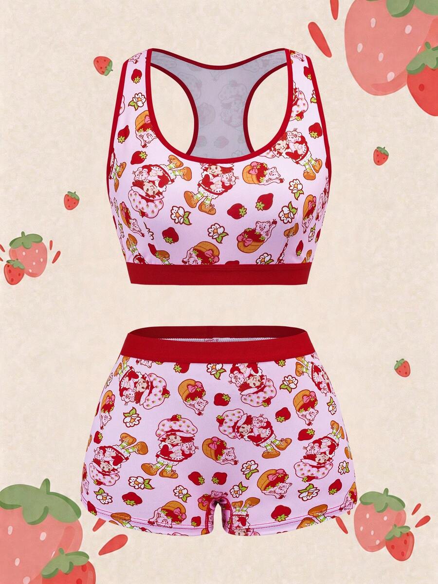 Strawberry Shortcake X SHEIN Strawberry Girl Cartoon Print Sports Bra And Shorts 2 Pieces Set, Casual Homewear & Yoga Outfit - Pink - View 1