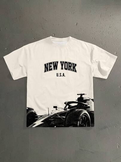 StoneGrade F1 Racing Car Silhouette Graphic Tee, American College Style English Text Print, Casual Loose Fit Short Sleeve T-Shirt, Fashionable Outfit For Dates, Parties, Ideal Gift For Boyfriend
