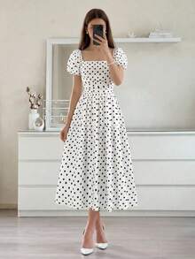 SHEIN Girlism 少女派对礼服，黑白波点印花花瓣袖A字中长连衣裙，不对称腰部镂空设计，优雅正式，适合派对、婚礼、庆典等场合。 - 黑與白 - 查看 2