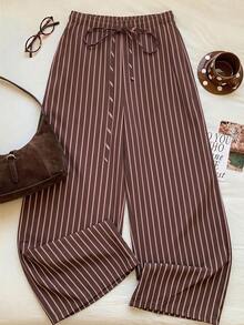 SHEIN EZwear 女士休闲系带直筒裤，适合夏季穿着，条纹裤，女士夏季套装 - 彩色 - 查看 6