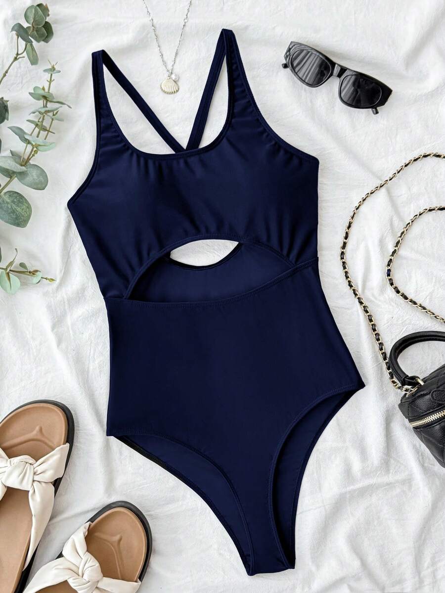 Teen Girls Navy Blue Casual Fashion U-Neck Hollow-Out One-Piece Swimsuit, Minimalist Stylish Design, Suitable For Swimming And Beach Wear - Navy Blue - View 1