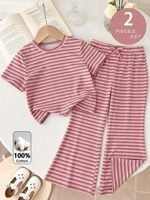 SHEIN 少女極簡條紋短袖T恤與長褲套裝 - 粉色 - 查看 3