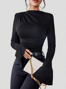SHEIN ChicEase 纯色褶饰前喇叭袖 T 恤 - 黑色 - 查看 6