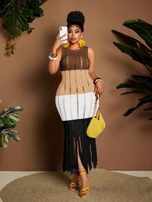 Maweii 大码女式毛衣连衣裙，多色可选，黄色、橙色、紫色，无袖，圆领，流苏，镂空设计，显瘦性感，女士针织连衣裙，女士外套，春季、夏季、度假必备。 - 彩色 - 查看 8