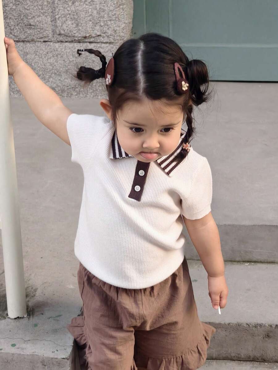 DAZY Toddler Girls' Korean Style Collared Short Sleeve Top - Beige - View 1