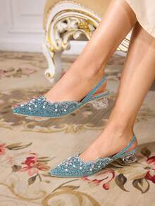 CUCCOO TILAWA Zapatos de mujer elegantes y de moda con tacones de cristal, zapatos de tacón alto para mujer con punta de láser de strass en color azul claro, adecuados para banquetes, fiestas y otras ocasiones - Celeste - Ver 5