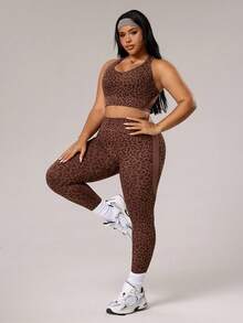 SHEIN Sports 大码女式豹纹提花吊带背心和紧身裤运动套装 - 棕色 - 查看 5