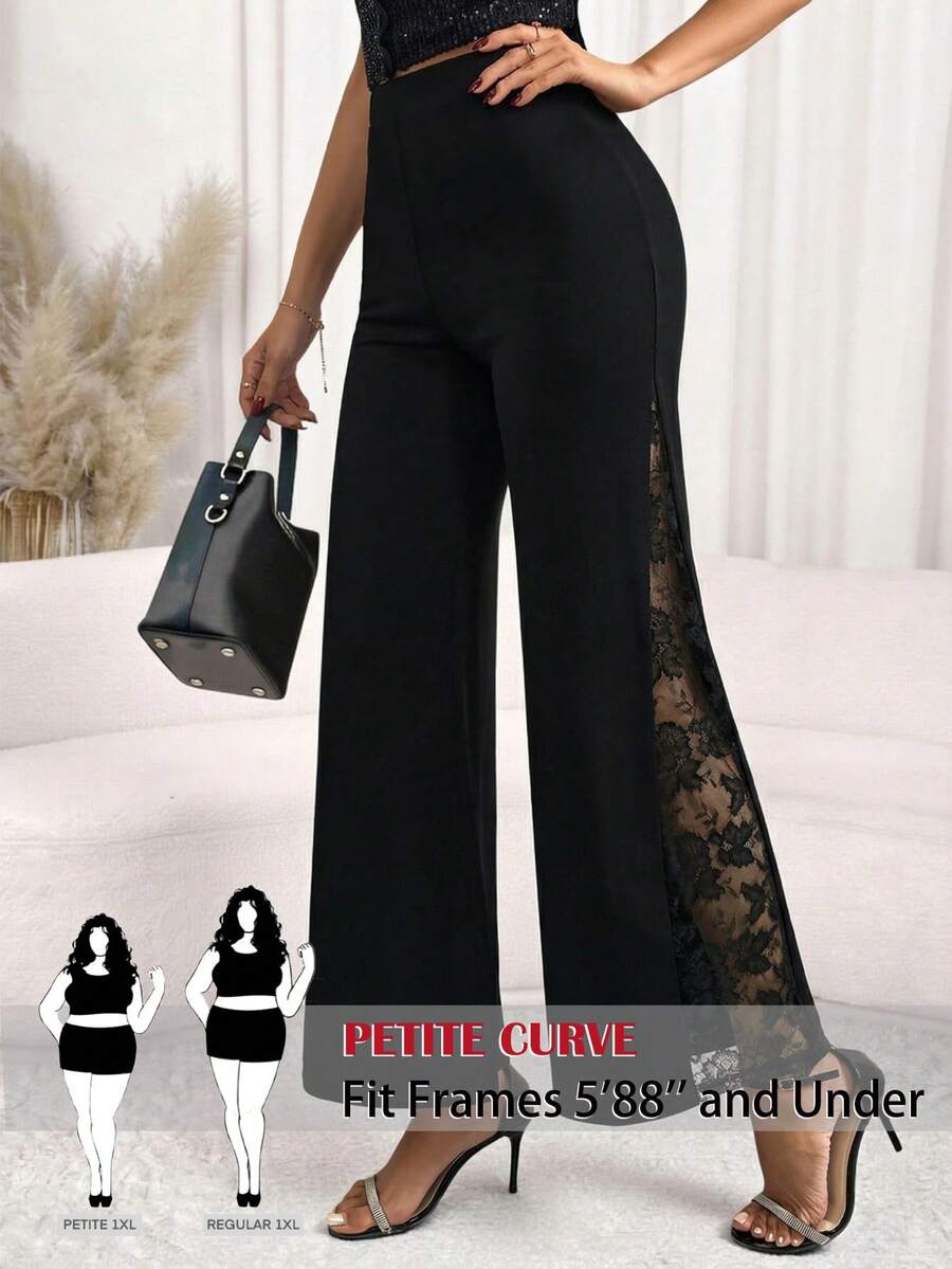 SHEIN Tall CURVE 大尺碼黑色秋季優雅蕾絲喇叭褲,女款優雅夏季派對、婚禮、畢業、度假、Y2K日常穿搭 - 黑色 - 查看 1