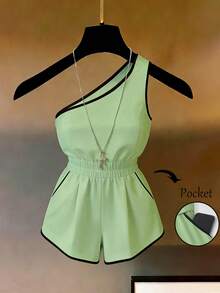Franclia Bộ jumpsuit không tay thời trang thanh lịch dành cho nữ, phối màu tương phản, xếp ly ở eo. - màu xanh lá - Xem 4