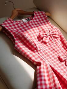 SHEIN Franclia Đầm thắt nơ kẻ caro đỏ trắng ngọt ngào và thanh lịch dành cho phụ nữ - Nhiều màu - Xem 4