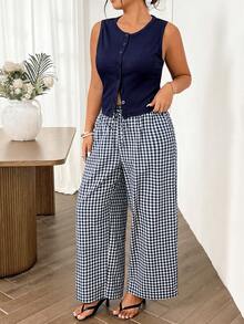 Lounesse Bộ đồ nữ cỡ lớn thời trang gồm quần ống rộng kẻ caro xanh dương và áo thun dệt kim màu xanh navy, kiểu dáng thanh lịch cho kỳ nghỉ, đi làm và mặc hàng ngày. - Màu xanh hải quân - Xem 6