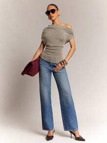 Hauture Women's Office Casual Dialy Simple Off Shoulder Wool Like Knit Ruched Top - Khaki - View 3