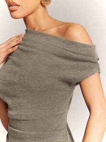 Hauture Women's Office Casual Dialy Simple Off Shoulder Wool Like Knit Ruched Top - Khaki - View 5