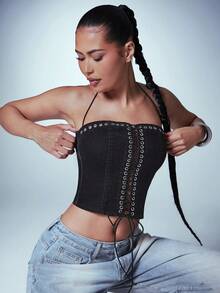 Denimoi Áo corset denim nhung buộc dây khoét eo với chi tiết vòng chữ O, kiểu dáng gợi cảm, thích hợp cho các buổi tiệc tùng, đi club hoặc concert. - màu đen - Xem 3