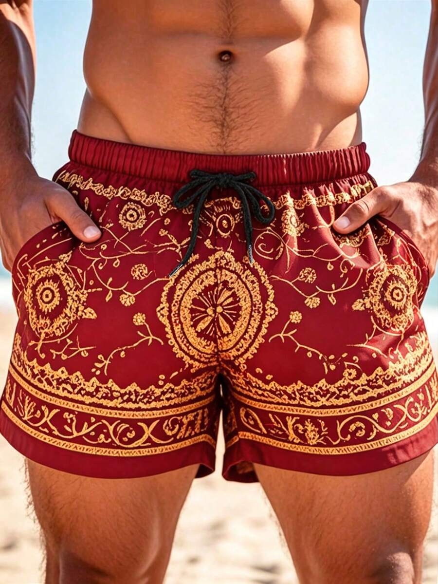 VENTUSAIL 男士度假印花抽绳腰带口袋休闲短裤 - 紅色 - 查看 1