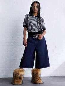 COUREZ Low Rise Oversized Fit Denim Jorts Cotton /Y2K Summer Wide Leg Baggy Jorts Spring Going Out Outfits Summer Outfits For Women Summer Bottoms Festival Outfits Concert Outfits Spring Outfits For Women - Navy Blue - View 4