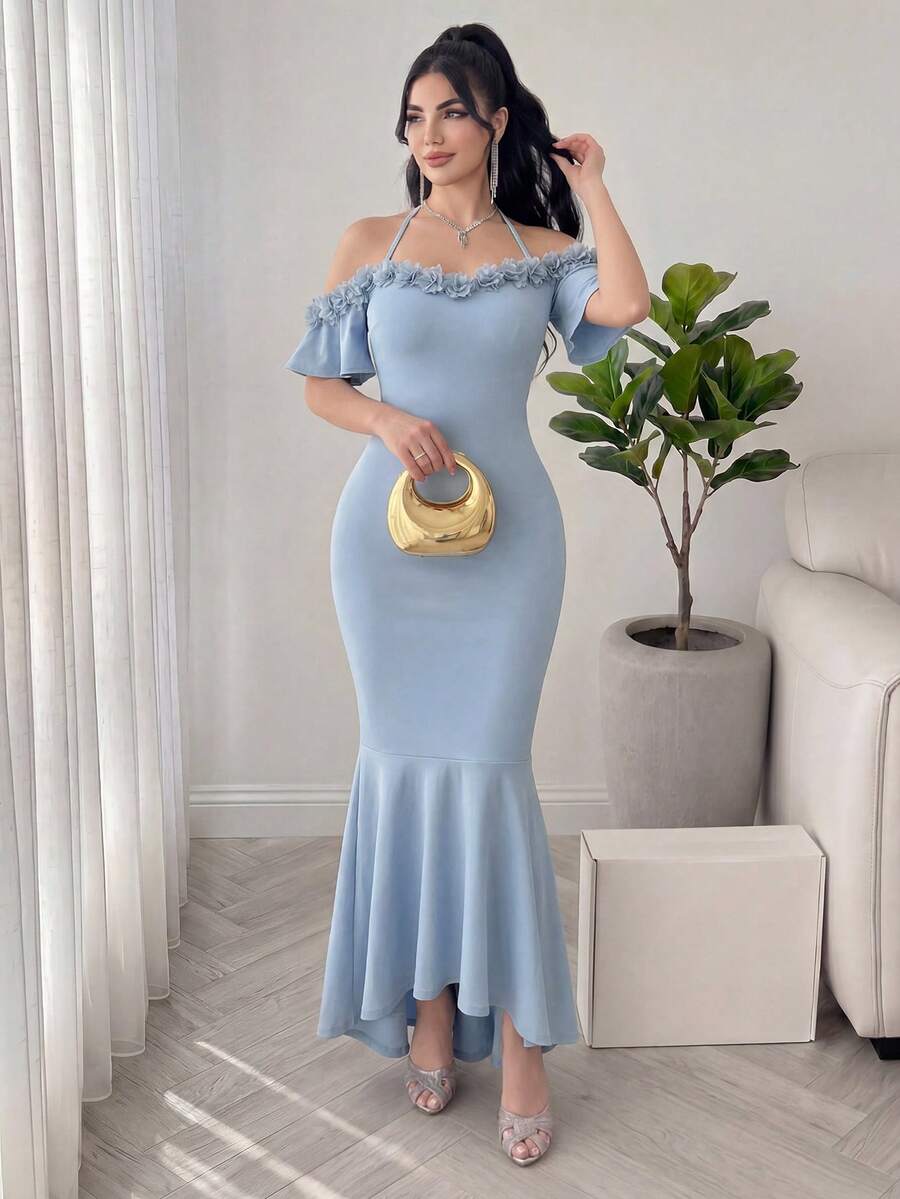 Feyla Women's Elegant Party Solid Color 3D Floral Decor Off-Shoulder Halter Mermaid Dress - Blue - View 1