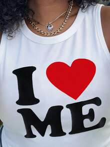 Maweii Plus Size Women Letter & Heart Print Casual Sleeveless Tank Top - White - View 3