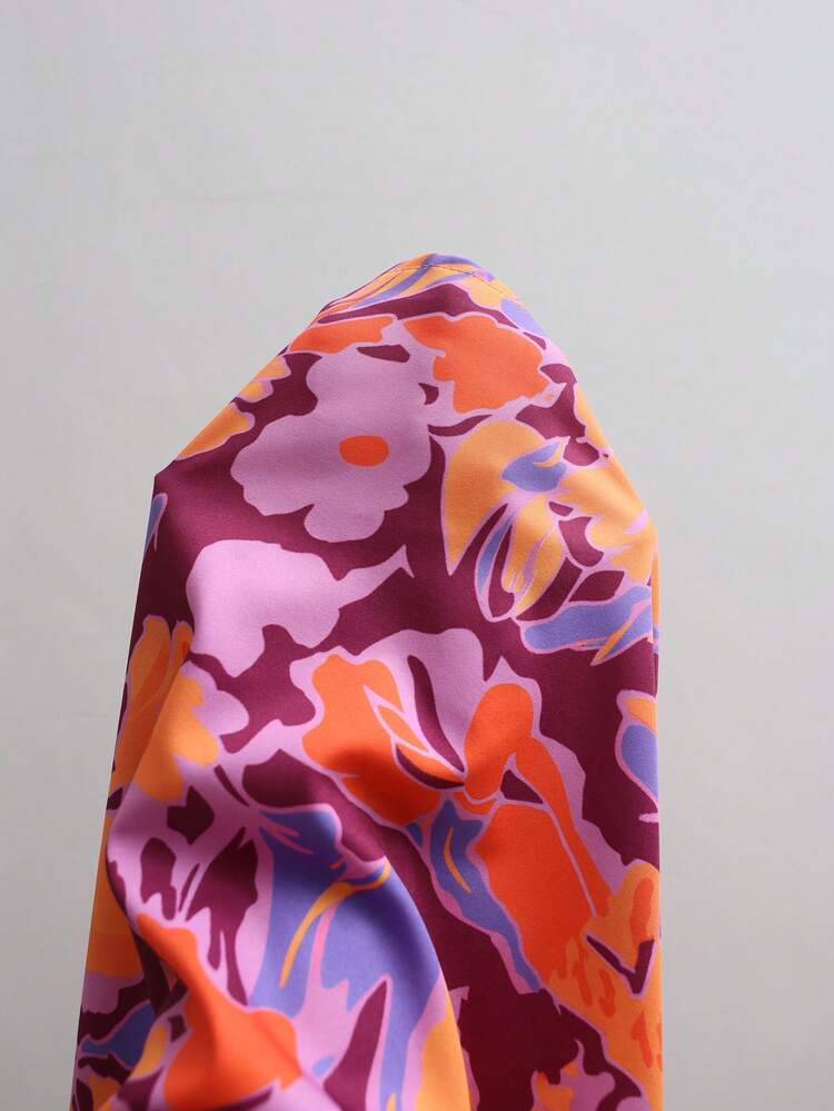 Plus Size Floral Print Knotted Ruffle Hem Casual Shirt