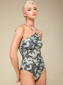 COUREZ Off Shoulder Asymmetric Swimsuit Camo Y2K Active Athleisure Sporty Sexy Summer Outfits Women Vacation Beach Party Pool Bikini Set Light Grey - Army Green - View 6