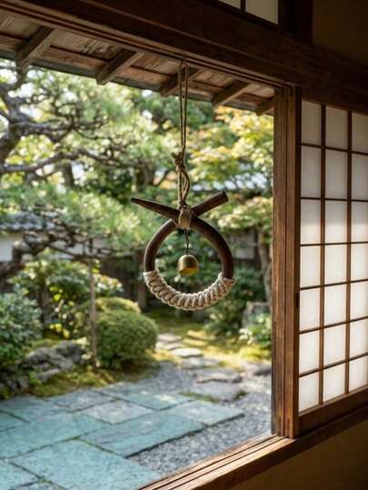 Cirelle Japanese Style Wood Wind Chime, Handmade Brass Bell With Macramé Rope, Zen Garden Hanging Decor, Rustic Wooden Doorbell For Home & Patio Ornament