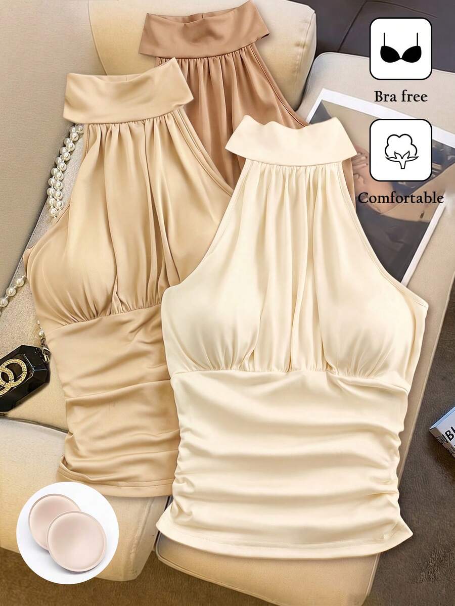 Franclia Women's Fashionable & Elegant Sleeveless Camisole With Built-In Bra, Versatile Halter Neck Tank Top, Summer - Multicolor - View 1