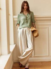 Áo sơ mi cotton màu xanh lá cây dáng rộng, cổ chữ H, thanh lịch, thoải mái, thích hợp cho kỳ nghỉ hè ở bãi biển. - xanh quân đội - Xem 3