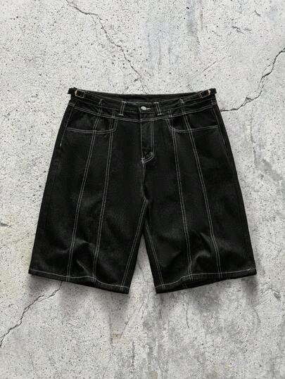 EVRINFINITE Men's Casual Street Hip Hop Patchwork Denim Shorts, Loose Fit Y2K Style With Belt Loops, Black Washed